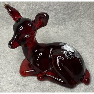 Vintage Fenton Ruby Red Glass Deer Fawn Figure Hand Painted Figurine